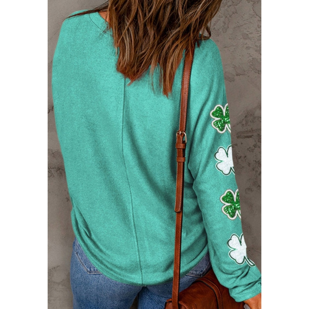St Patrick’s Long Sleeve Top with White and Green Sequin Shamrocks - Picture 3 of 5